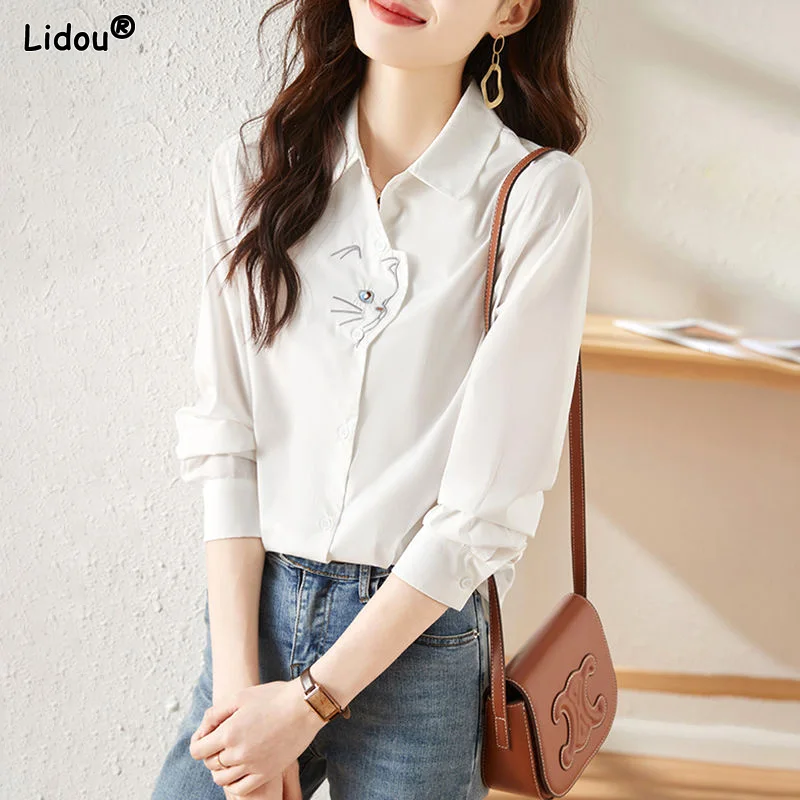 

Turn-down Collar Button Temperament Women's Clothing Simplicity Blouses Solid Long Sleeve Fashion Casual Office Lady Loose Tops