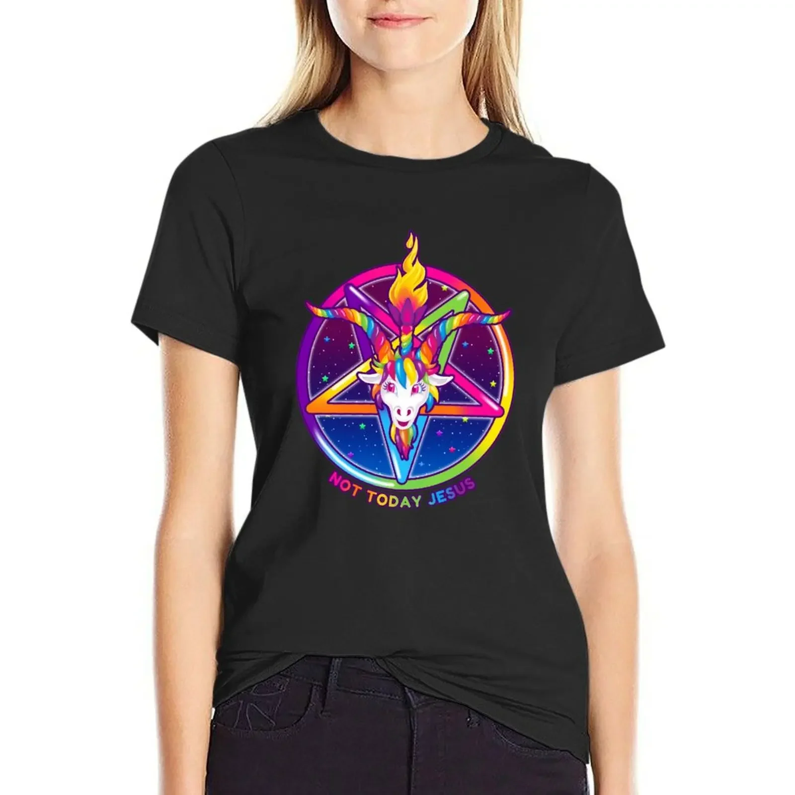 

1997 Rainbow Neon Goat Head Pentagram Not Today Jesus T-Shirt heavyweights oversized plain t shirts for Women