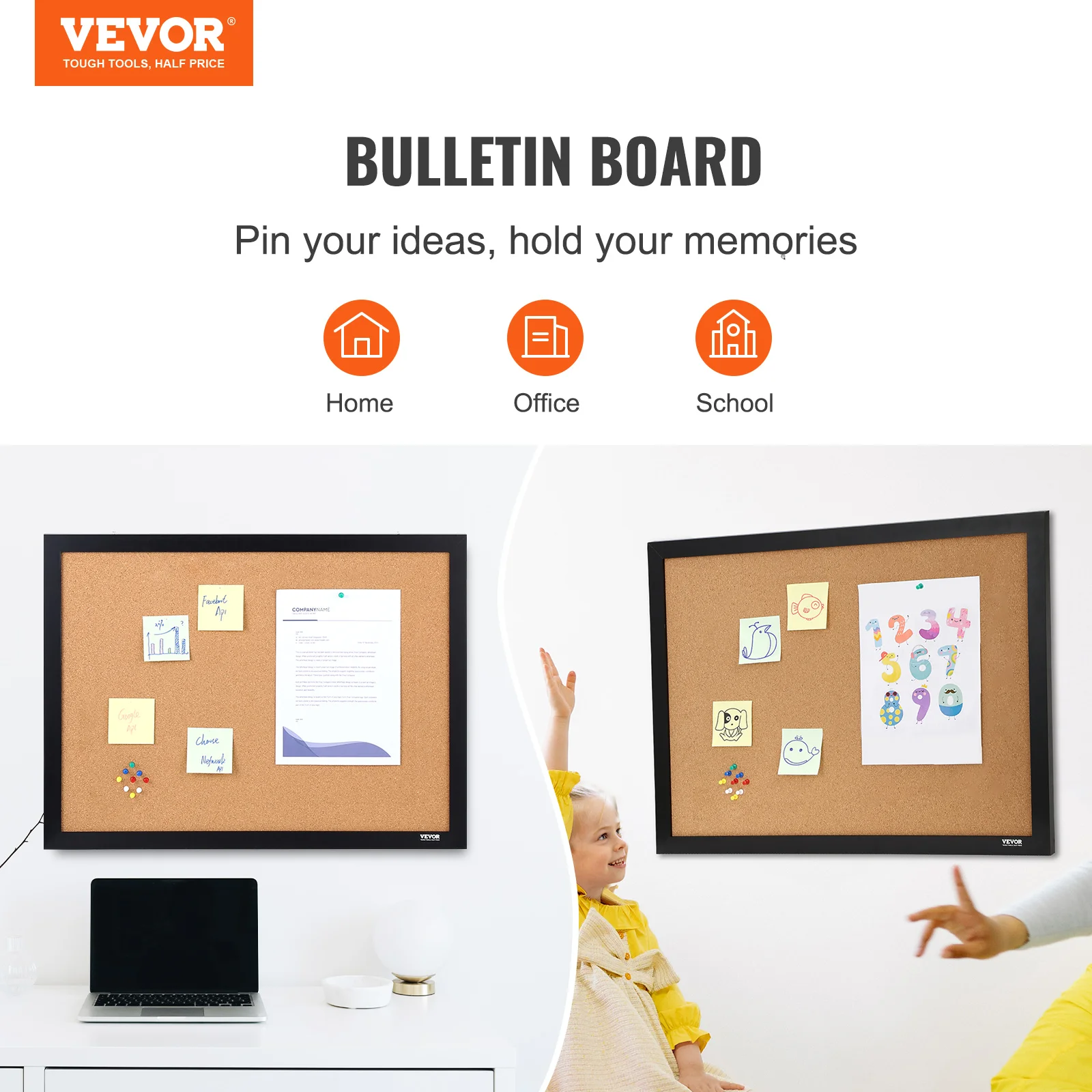 VEVOR Cork Board 36x24/24x18 in Bulletin Board W/ MDF Sticker Frame Vision Board Includes 10 Pushpins for Display and Decoration