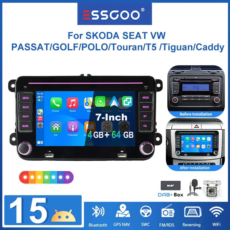 ESSGOO 7" Android15 4+64G für Seat Skoda VW Golf 5 6 Passat Polo Touran Tiguan Rabbit Sharan Caddy EOS T5 Autoradio kabelloses CarPlay Android Auto GPS RDS FM WLAN Bluetooth Doppel-USB Mirror Link