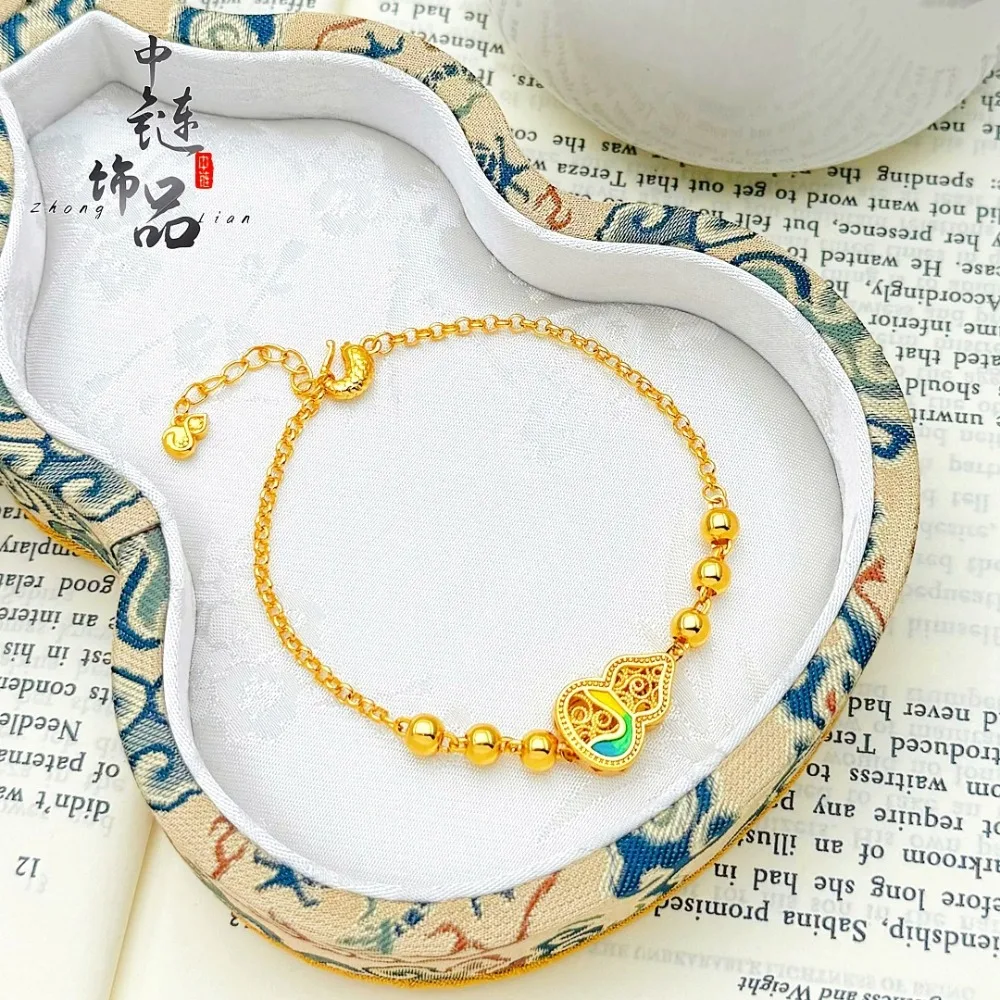 Enamel three beads hollow gourd bracelet new Chinese style thousands of miles river gourd 9999gold