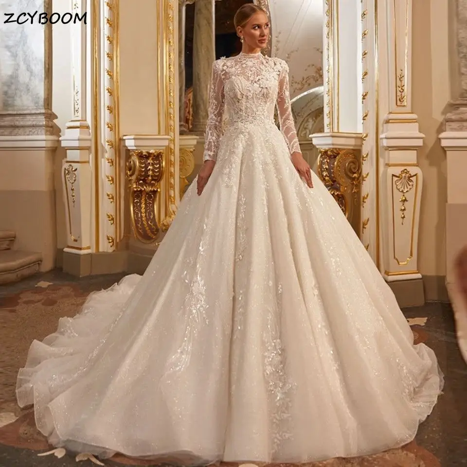 

Exquisite High Neck Long Sleeves Wedding Dresses 2025 Princess Beading Tulle Appliques Chapel Train Bridal Gown Vestido De Novia