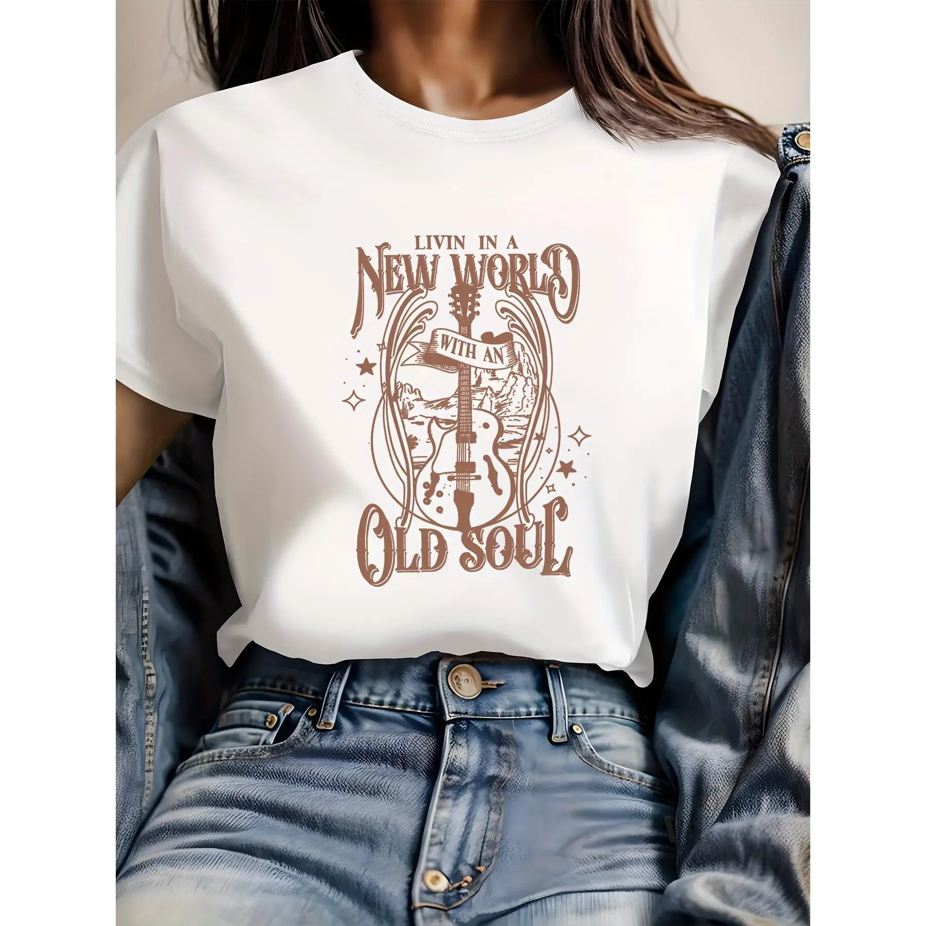 

Livin' in a New World with an Old Soul T-shirt, Retro Graphic Music Tee, Vintage Guitar Print Top, Country Music Lover Gift