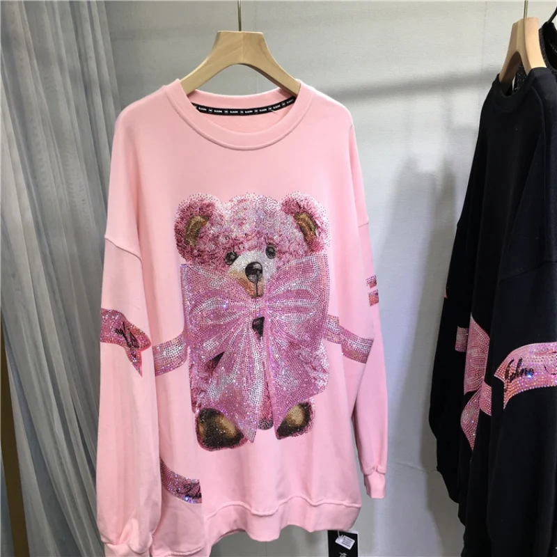 Plus Size Sweatshirt Kawaii Bear Bow Tie Diamonds Stamping Sweet Cute Casual All-match Women\'s Sweatshirt Autumn Winter New Tops