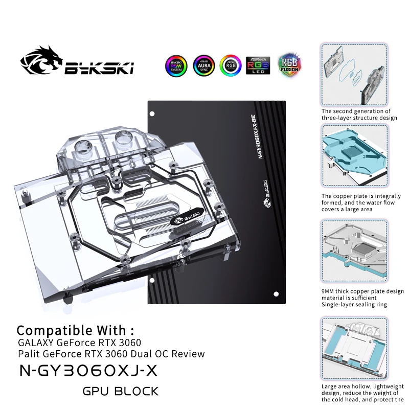 Bykski GPU Water Block for GALAX GeForce RTX3060/Palit RTX 3060 Dual OC,Radiator Water Cooling Liquid Cooler,N-GY3060XJ-X