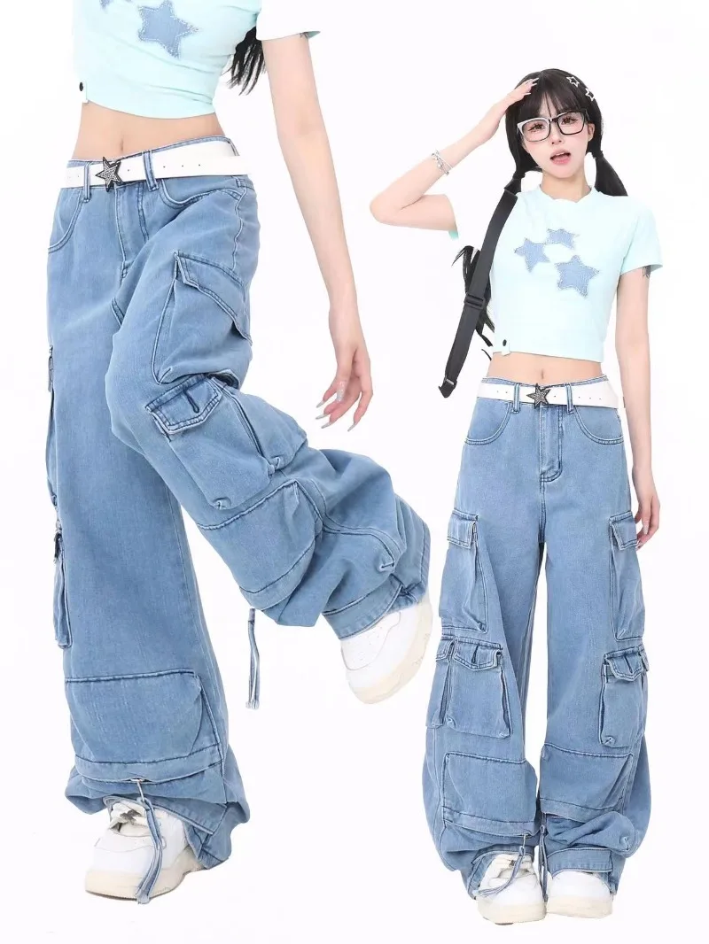 Pink Multi Pocket Overalls Jeans Female Y2K Punk Hip Hop Gothic Loose Fashion Jeans 2023 Autumn New American Retro High Street