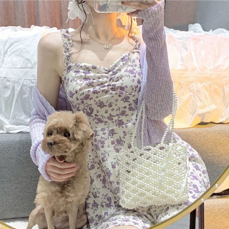 فستان صيفي جديد بحمالات مطبوعة بالزهور متوسط الطول للطلاب، تنورة قصيرة بنمط حلو - و - حار