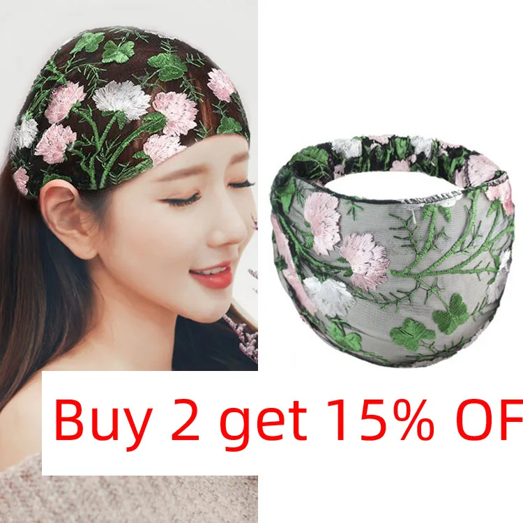 Nova Headband Larga para Mulheres Bordados Étnicos Flor Malha Larga Borda Headbands Hibiscus Mutabilis Lace Bandaba Turbante Headwear