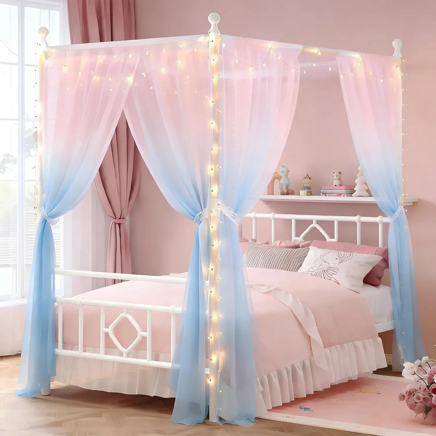 USA Stock Twin Canopy Bed Frame With Storage Headboard, Noise-Free, White | 4 Removable Posts, Sturdy Metal Supports 880lbs, Und