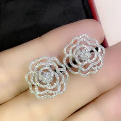 Huitan Aesthetic Hollow Flower Stud Earrings New for Women Full Paved Bling Bling CZ Temperament Female Earrings Party Jewelry
