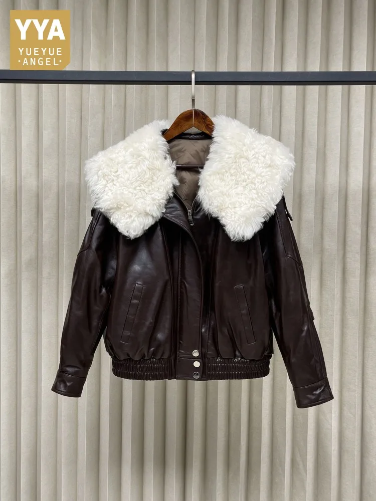 Luxury Womens British Style Genuine Leather Down Jacket Wool Turndown Collar Warm Short Jackets Sheepskin Down Coat Loose Zipper