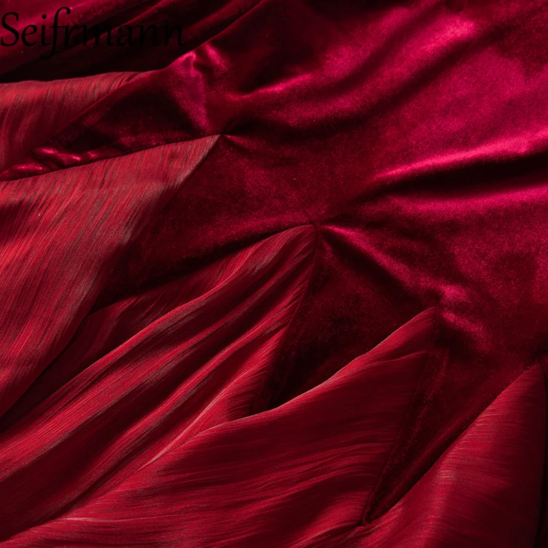 Seifrmann 2026 primavera nova luz feminina luxo elegante com decote em v manga longa cintura com borda de folha de lótus vestido de cor sólida