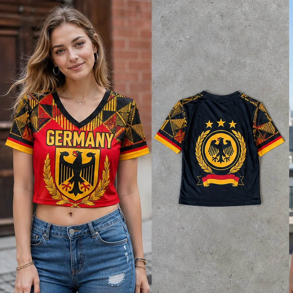 Womens Germany V Neck Short Sleeve Crop Top Eagle Crest Graphic Casual Summer Shirt for Street Travel Holiday and Everyday Looks