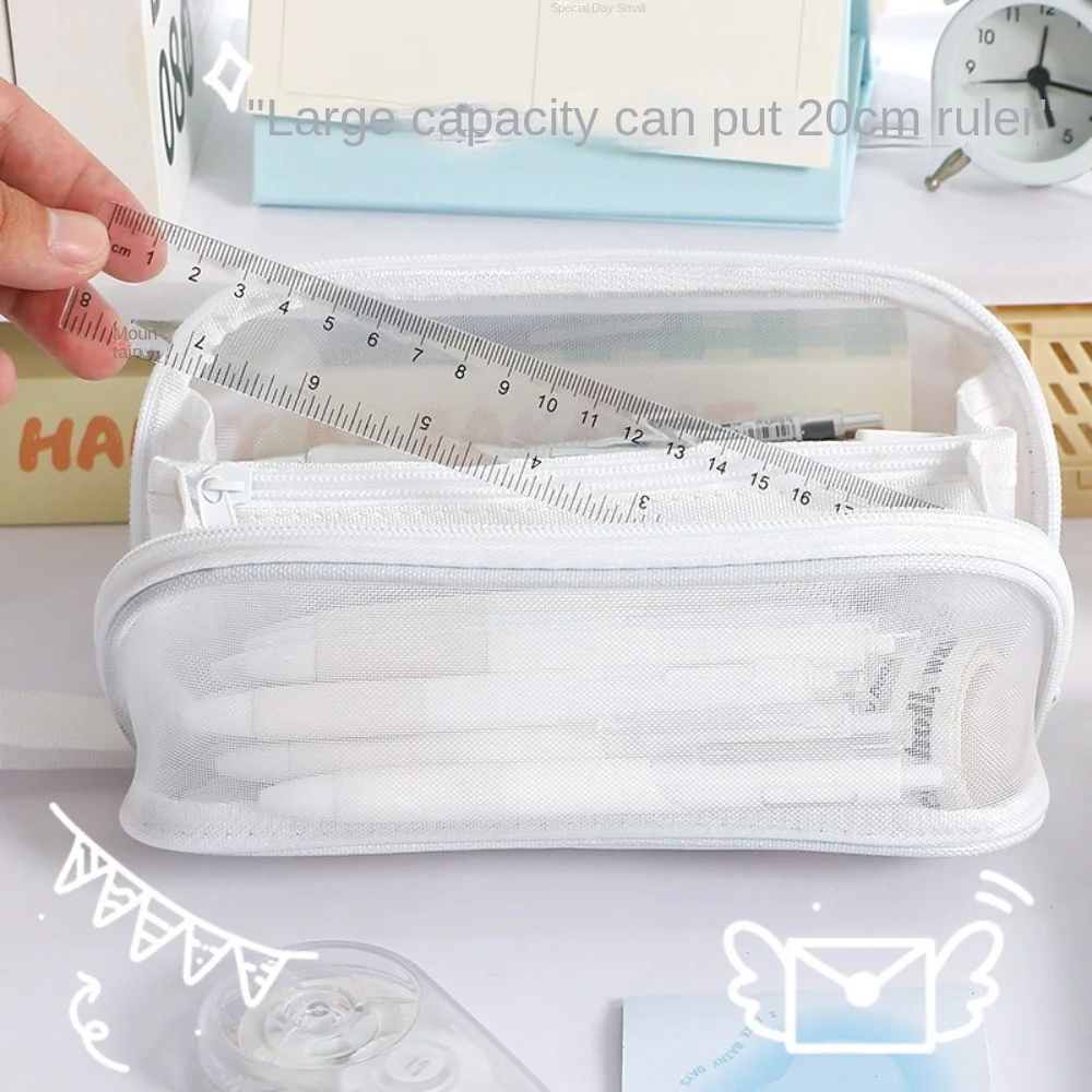 

Creative Large Capacity Mesh Pencil Case Cosmetics Storage Solid Color Stationery Storage Bag Zipper Handheld Makeup Bag Gifts