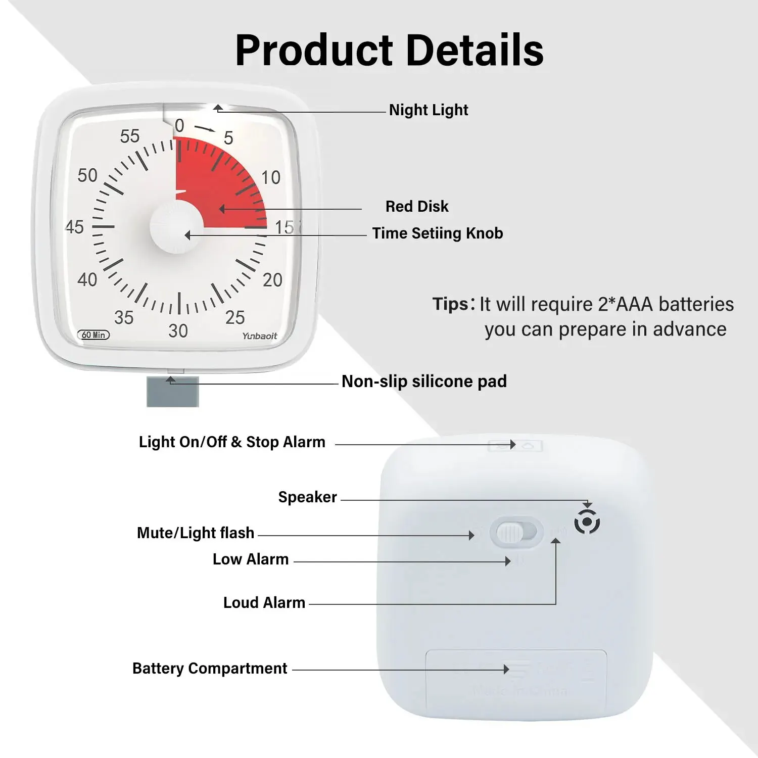 Yunbaoit Visual Timer with Night Light, 60-Minute Countdown Timer for Kids and Adults, Timer for Home, School, Or Work