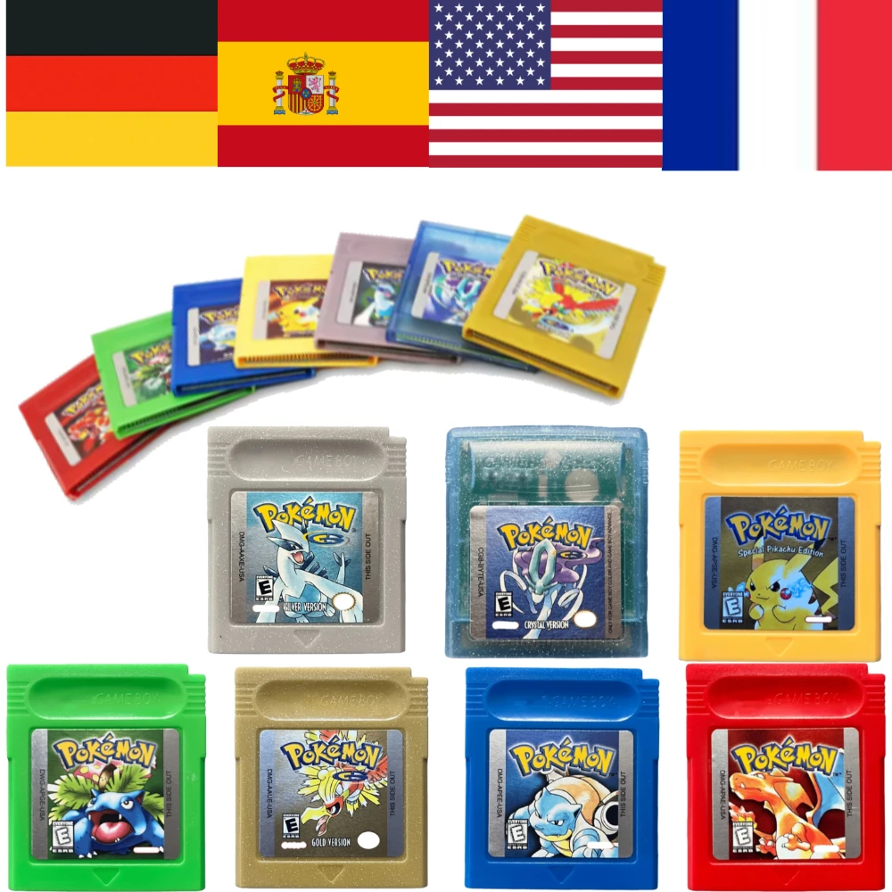 Cartucho de Juego Pokémon de 16 Bits para GBC, Versiones Roja, Azul, Verde, Dorada, Plateada, Cristal y Amarilla, Versión USA/FRA/NOE/ESP