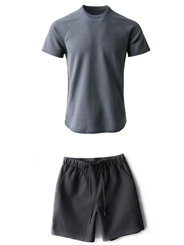 Skin-Friendly 3D Stereo Cutting Texture Breathable Summer High-End Men's Sporty Casual Short Sleeve Shorts Set Polyester Fiber