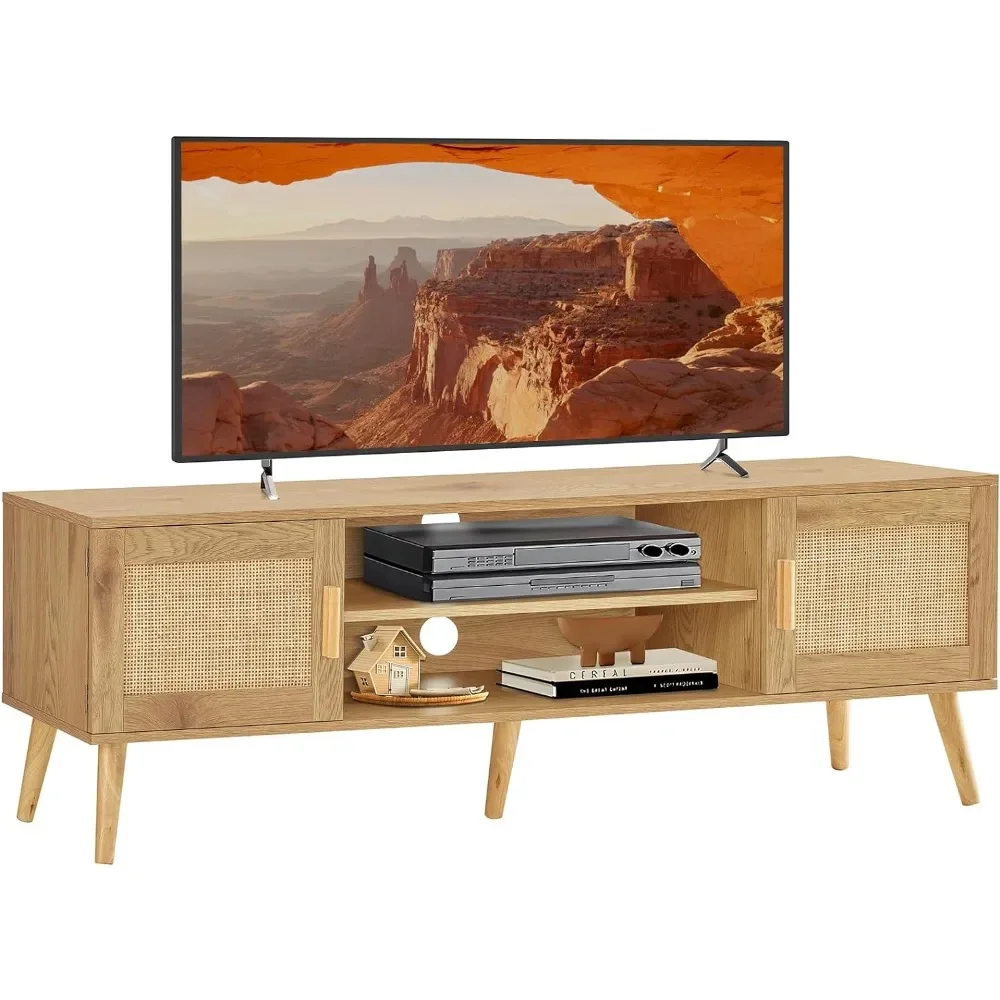 Iwell Boho Rattan Mid Century Modern TV Stand for 55 65 70 Inch TV, Large TV Console, Entertainment Center with Adjustable Shelf