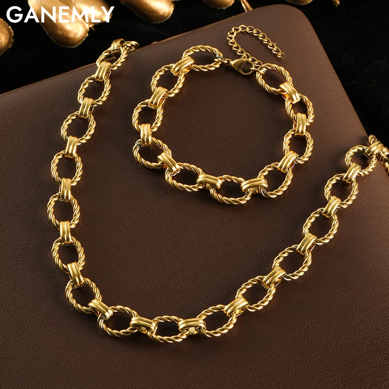 

GANEMLY 316L Stainless Steel Metal Chain Necklace Bracelet Set For Women New Punk Collar Chokers Waterproof Jewelry Femme Gift