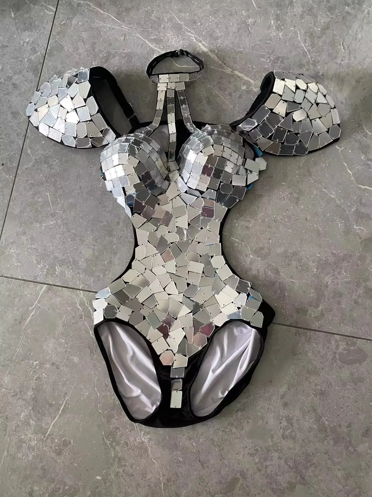 Gold Silver Sequins Fly Shoulder Hollow Out Mirror Bodysuit+Glass Singer Show Dance Party Rave Outfit Stage Performance Costume