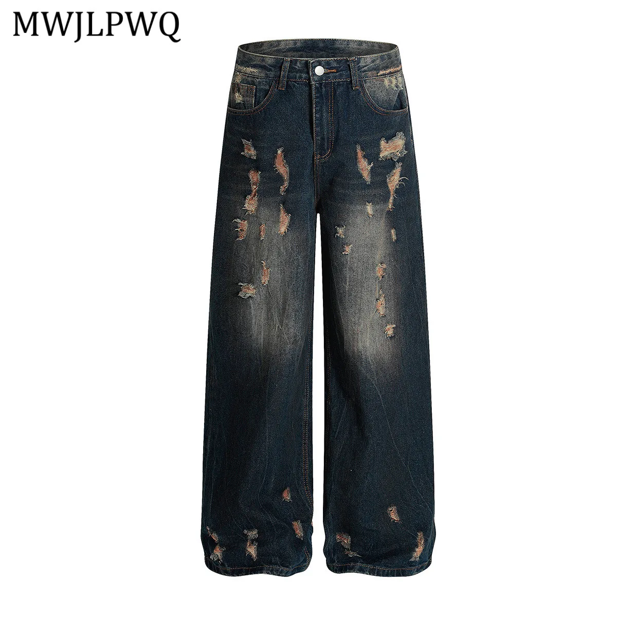 

MWJLPWQ American Hole Rough Edge Men's Jeans High Street RO Style Washed Distressed Wide-leg Pants 2025 Spring Autumn New 20928