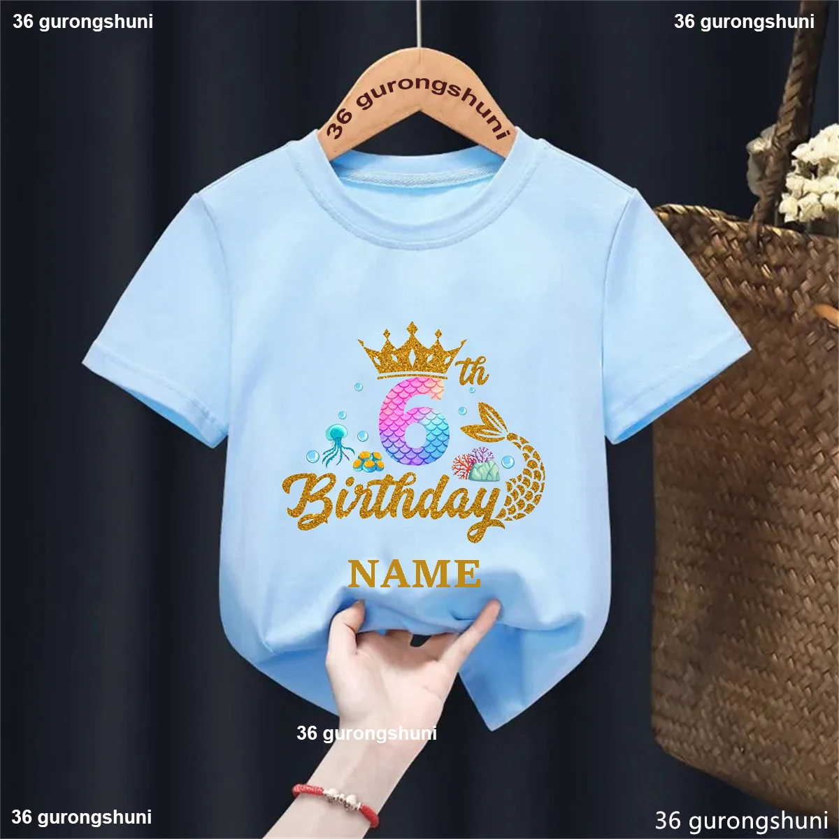 Newly Style Mermaid Birthday Girls T-Shirt Custom Name Children Mermaid Tail Graphic Short Sleeve Tshirt Birthday Party Outfit