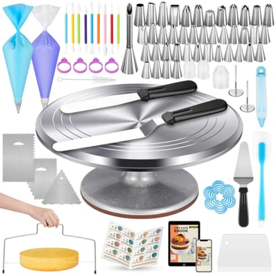 

180 Pcs Cake Decorating Kits Supplies - Aluminium Alloy Revolving Cake Turntable, Numbered Cake Decorating Tips and Frosting Too
