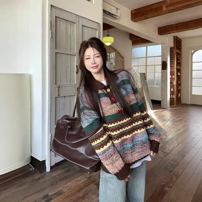 

Retro Vintage Striped Jacquard Lapel Sweater Women'S Autumn Winter 2025 Long Sleeve Loose Buttons Up Knitted Sweater Pullover