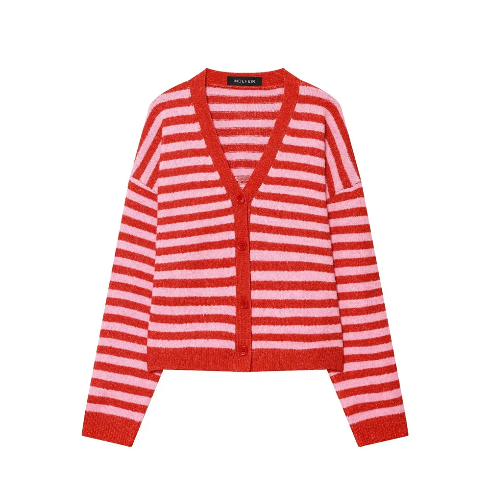 

New women's loose ribbed layered V-neck long sleeved single breasted contrasting striped knitted cardigan jacket