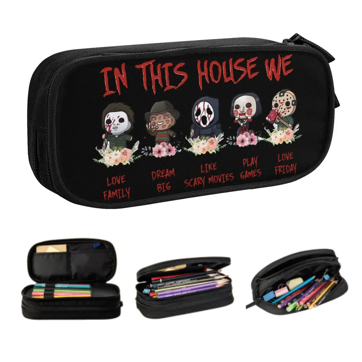 Custom Kawaii Halloween Horror Movie Character Pencil Cases for Girls Boys Large Storage Pen Bag Box School Accessories