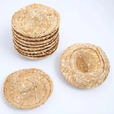 10Pcs Small Woven Straw Hats Decorative Craft Props Lovely Photo Accessories Mini Hat Rustic Ornament Small Straw Hat