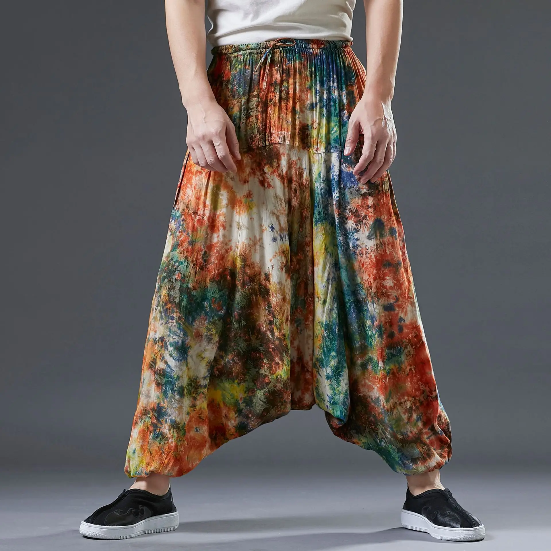 Mannen Tie-Dye Baggy Broek Lage Drop Crotch Losse Streetwear Joggingbroek Mannen Oversized Joggingbroek Indian Nepal Boho Vloeiende Broek