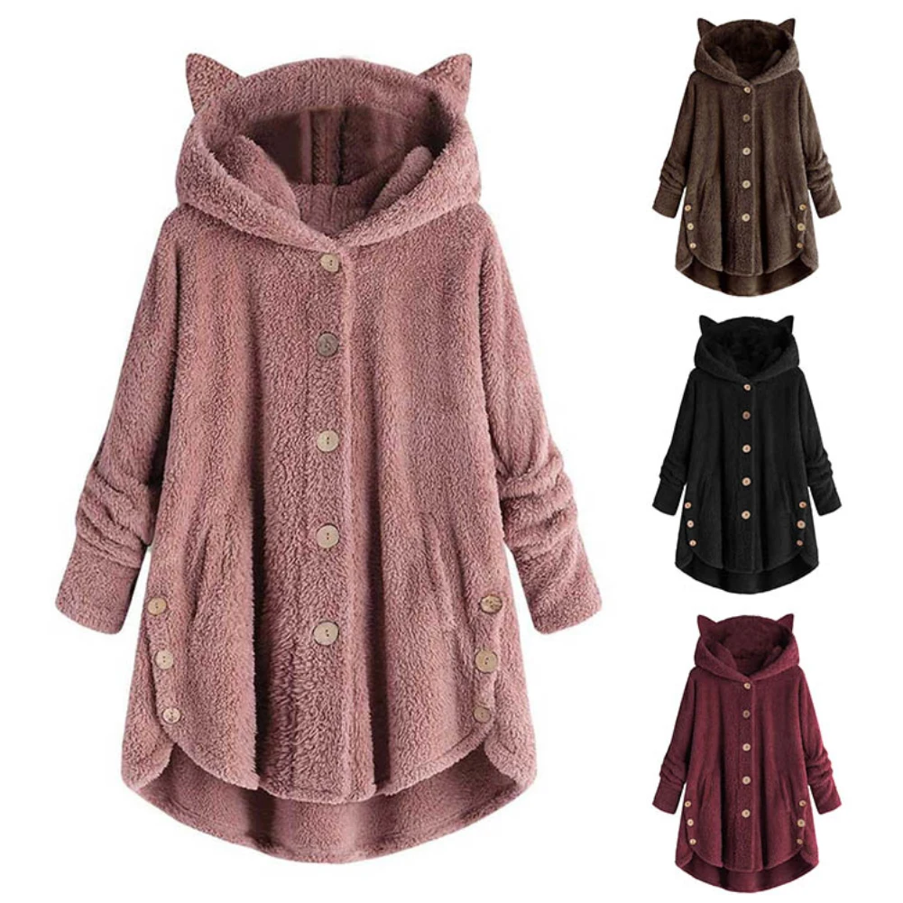 2020 Women\'s coat Winter Plus Velvet Sports Winter Cute Cats Ears Hooded Irregular Hem Buttons Jacket Fleece Coat Christmas gift