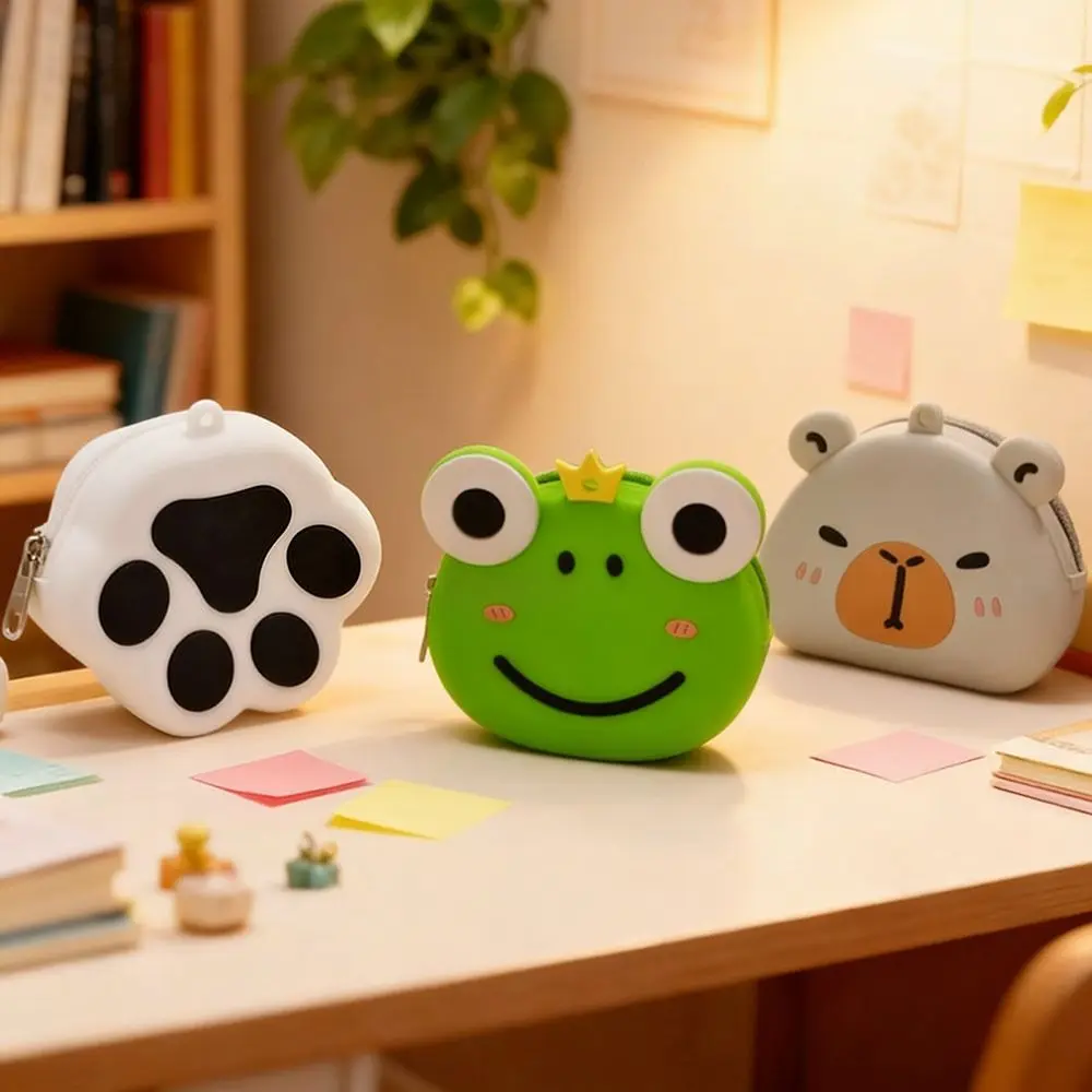 Durable with Zipper Kids Coin Purse Portable Cartoon Animals Storage Bag Waterproof Silicone Mini Data Cable Pouch Girls Gift
