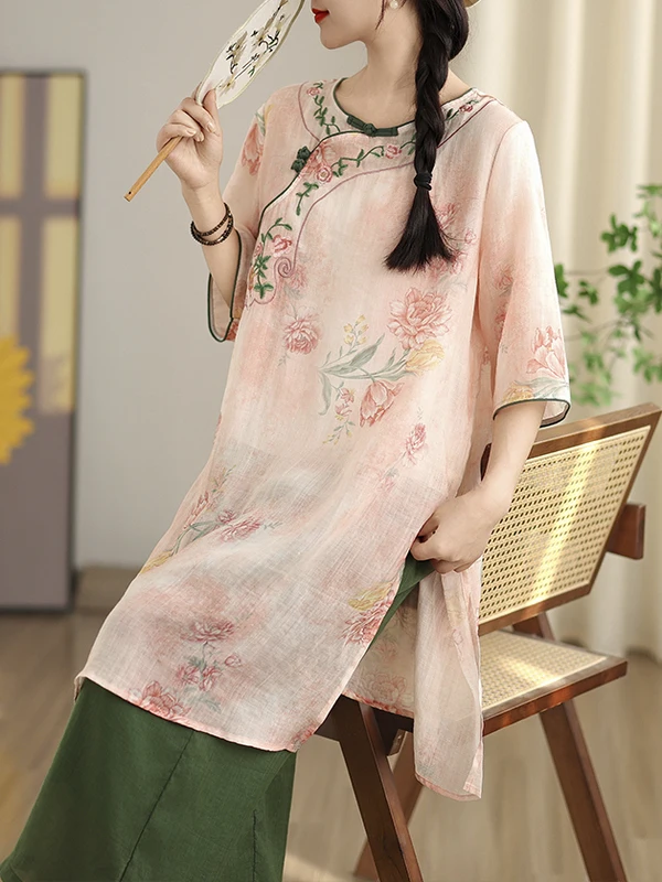 ชุดเดรสผ้าฝ้ายลินินปักลายศิลปะ ทรงเอ ไซส์ใหญ่ กระดุมเฉียง คอกลม แขนยาว ความยาวปานกลาง สไตล์ชุดน้ำชา