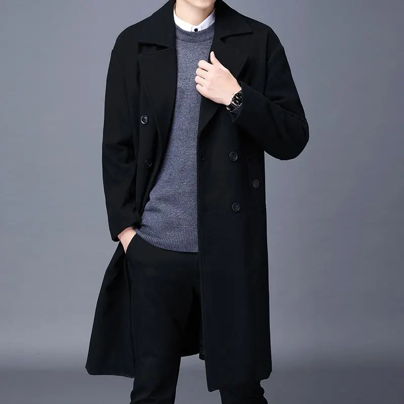 

Men's Woolen Trench Coat Autumn Winter Long Loose Fit Korean Style Double Breasted Notched Lapel Coat​