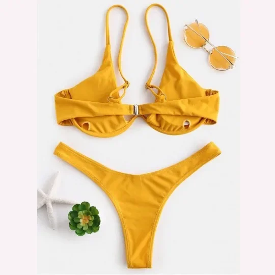 Sexy Underwire Bikini 2024 Women Solid Red Push Up Bra Thong Swimsuit V Neck Bathing Suit Mini Micro Thong Swimwear