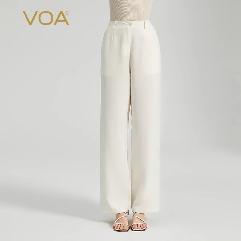 

VOA 34 Momme Heavyweight Silk Natural Waist Straight Pants Office Ladies White Trousers Streetwear Women Spring 2023 New KE901