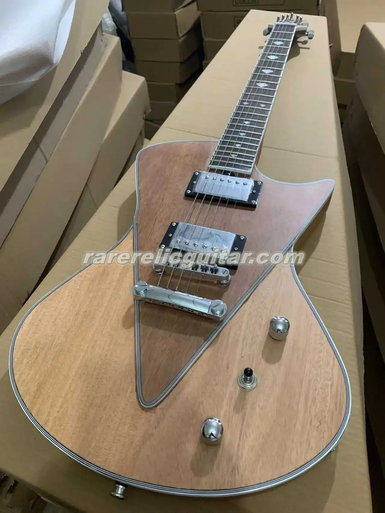 Rare Armada Divided Satin Urethane Natural  V-shaped Electric Guitar Curved Triangle Inlay HH Pickups Belly Cut Contour