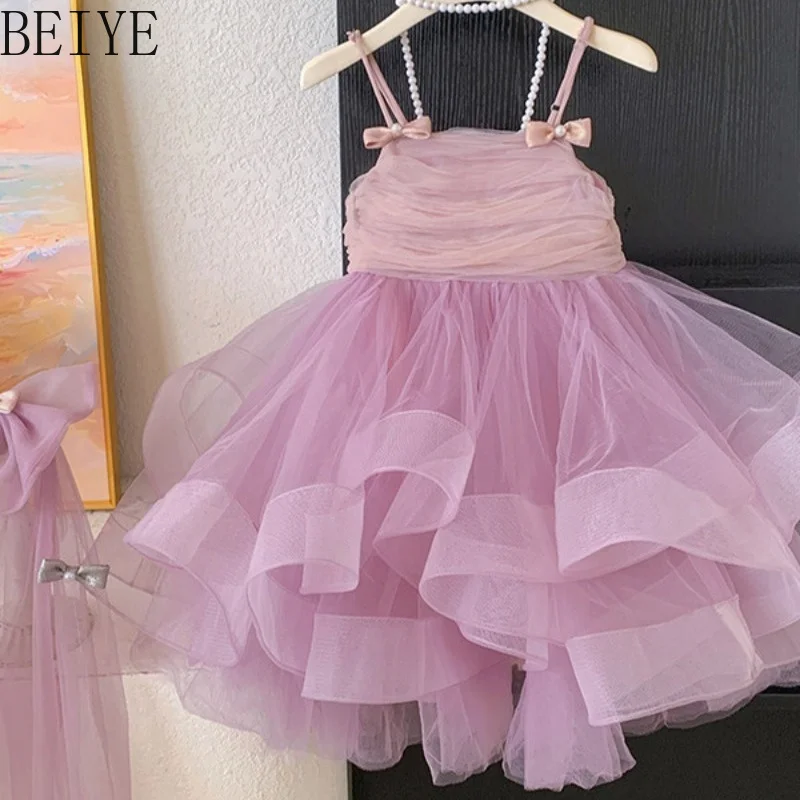 Children's Suspender Pink Pretty Princess Dress Summer New Puffy Yarn Birthday Dress Baby Girls Sleeveless Sweet Party Dress