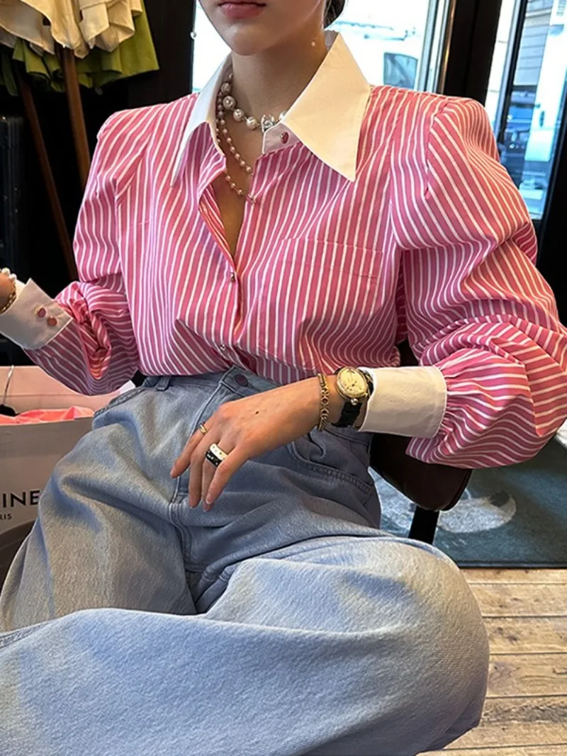 Blusas Vintage para mujer, camisas informales a rayas, ropa holgada a la moda con cuello tipo Polo para primavera/verano, Tops de manga larga con bolsillo para mujer