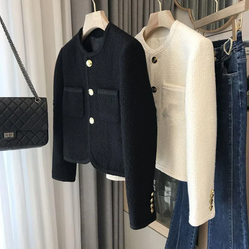 

Женская одежда, куртка, новинка 2023 года, осень-зима, корейская мода, твидовый маленький костюм, верхняя одежда, короткие универсальные топы, женское повседневное пальто