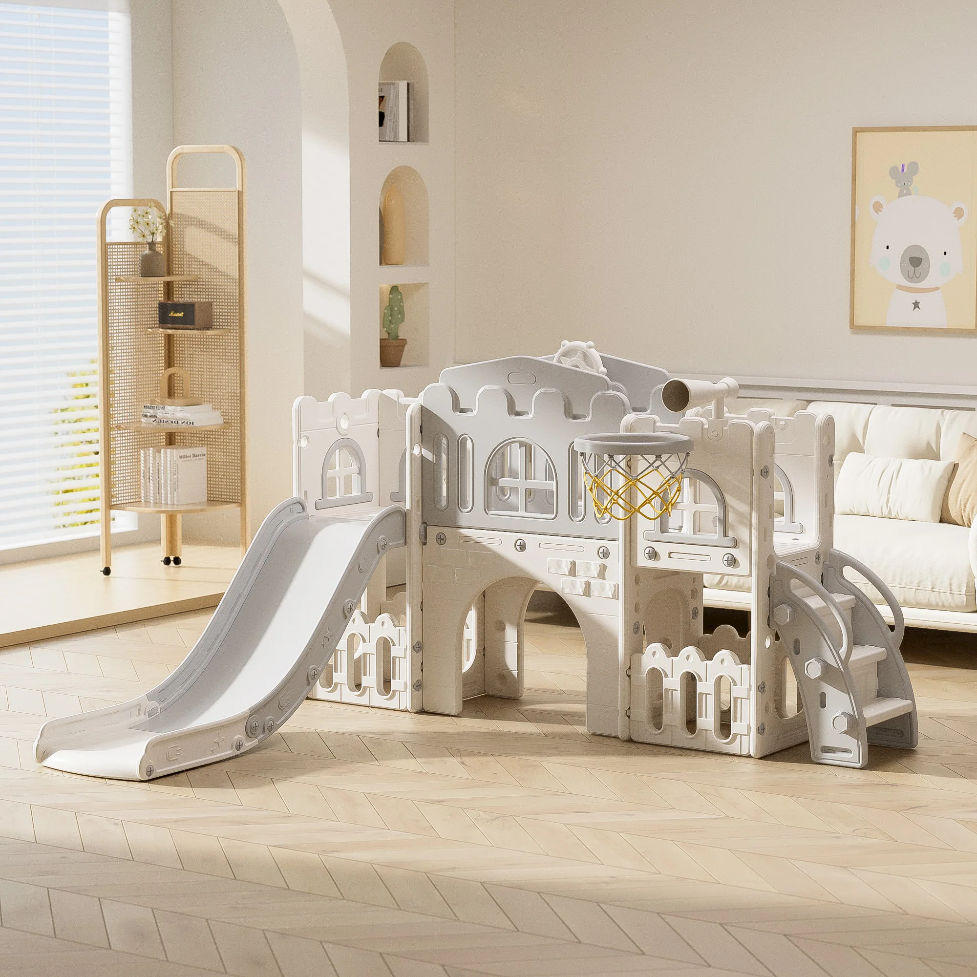 ملعب داخلي 8 في 1 للأطفال الصغار، مجموعة لعب للأطفال الصغار منزلق داخلي للأطفال من سن 1 إلى 3 سنوات، طوق كرة السلة، المتسلق، نفق الزحف #5