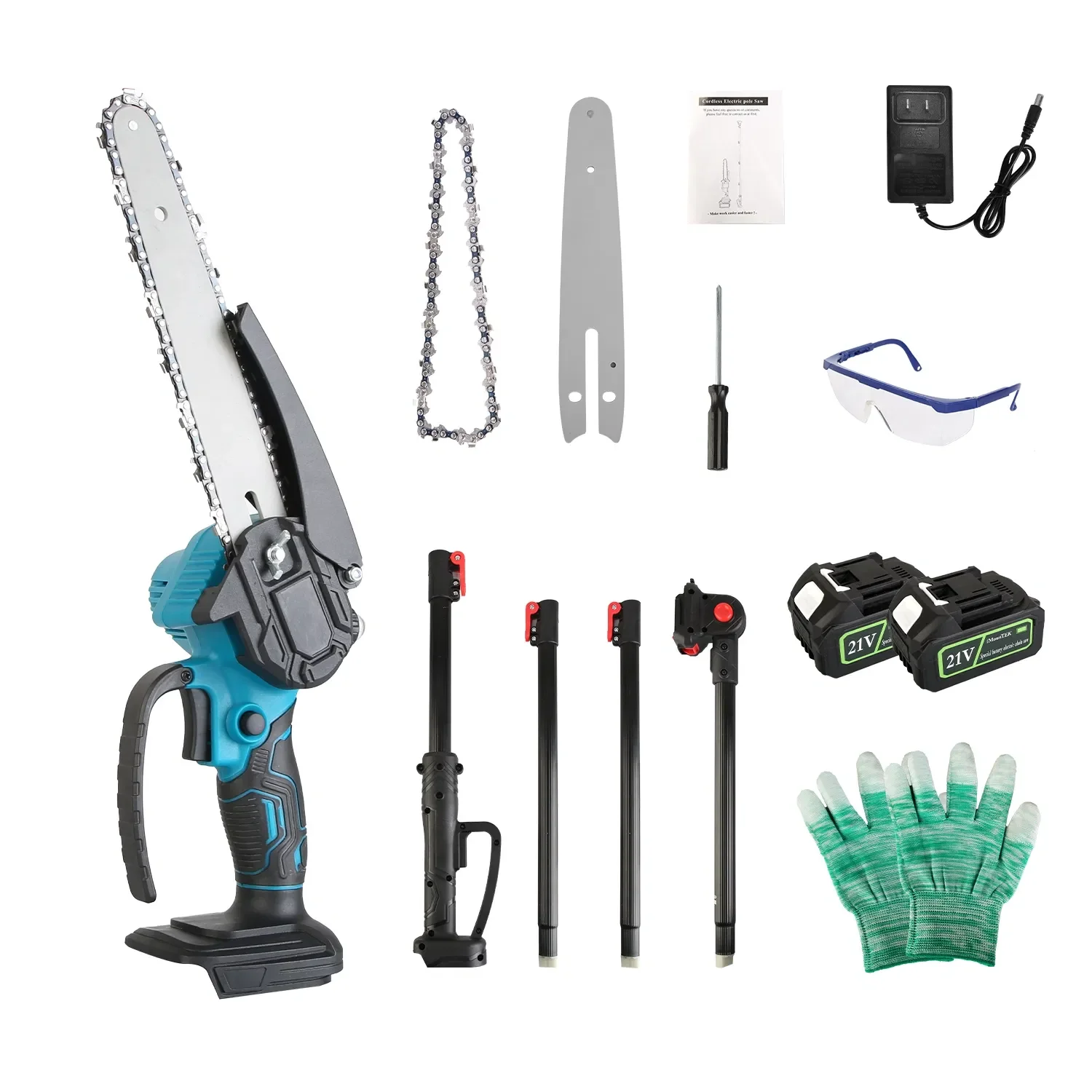 2-In-1 8' Cordless Electric Pole Saw and Mini Chainsaw with Extension Poles 2Pcs 21V 3.0Ah Batteries Adjustable Length Chain Saw