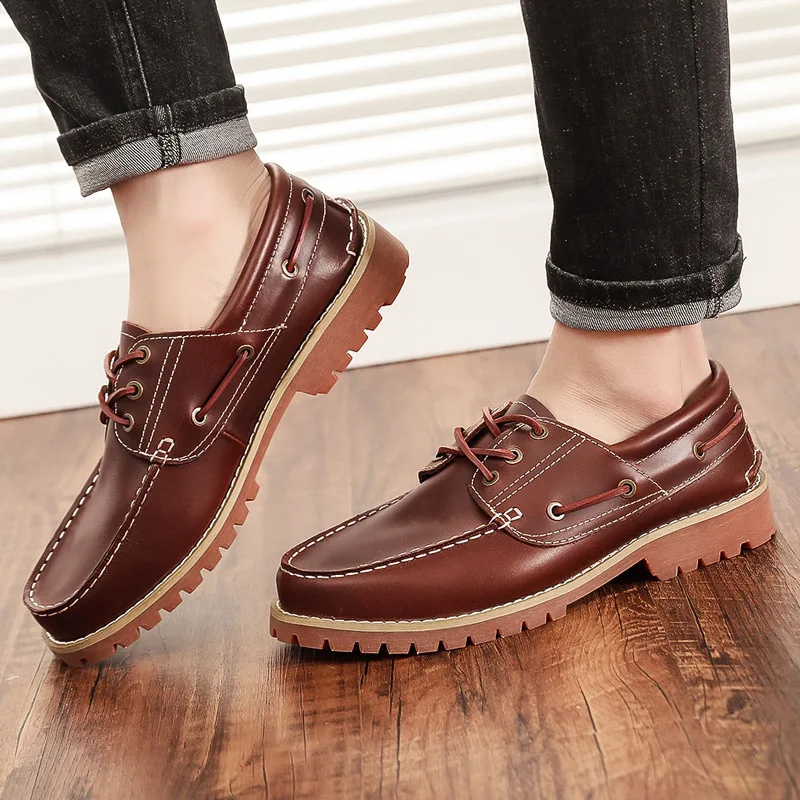 

2026 Trendy Men's Genuine Leather Boat Shoes Handmade Distressed Round Toe Thick Sole for Rugged Outdoor Retro Flat Footwear