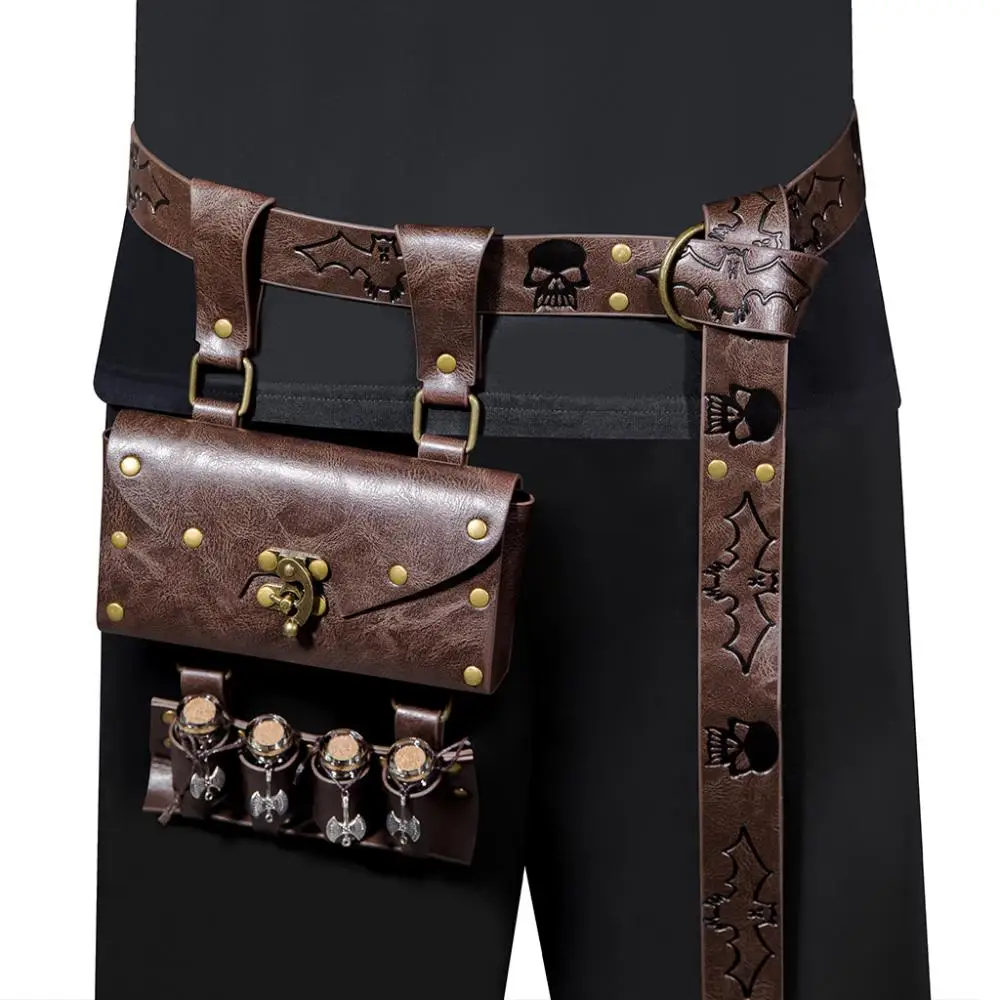 Pu Leather Retro Waist Belt Hanging bag 2pcs Set Steampunk Waist Bag Medicine bottles Decoratived Punk Cosplay Bat Skull Pattern