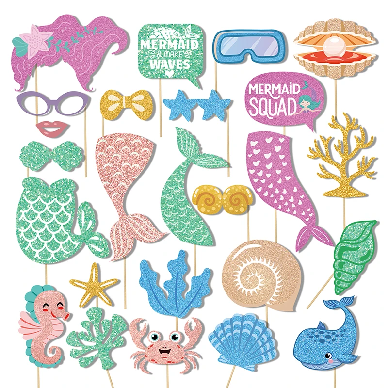 

25pcs/set Mermaid Party Handheld Photo Booth Props Little Mermaid Whale Seaweed Photo Prop Girls Mermaid Birthday Party Supplies