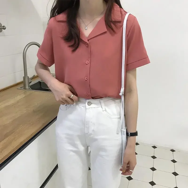 College Style Retro Korean Version Professional Suit Collar Turned Short-sleeved Shirt Women Solid Color Top Women