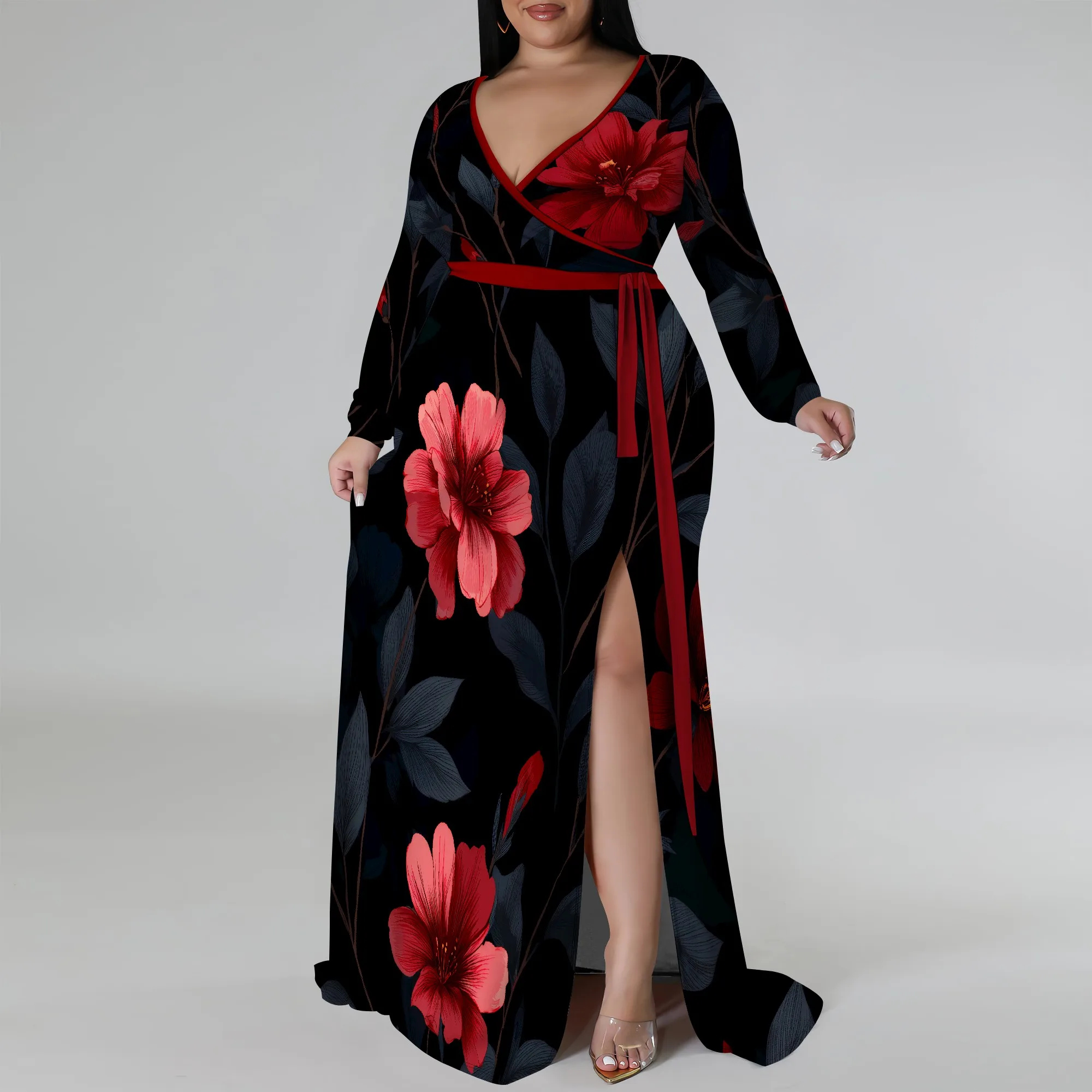 

Nupusa Black Red Floral Print Dress for Women Plus Size Casual V Neck Long Sleeve Belted Split Maxi Dress