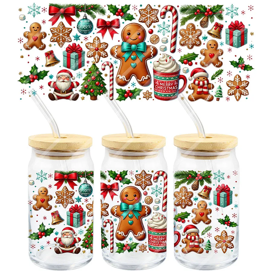Christmas Gingerbread Santa Claus DIY UV DTF Transfer Sticker 16oz Libbey Glass Cups Wraps Coffee Mug Decals Xmas Winter Decor